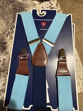 Saddlebred Light Blue Elastic Suspenders with Brown Leather Accents